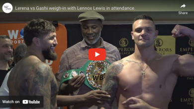Photo of Lerena vs Gashi weigh-in with Lennox Lewis in attendance